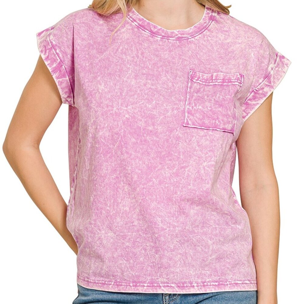 Zenana Mauve Crinkle Washed Round Neck Front Pocket Casual Short Sleeve Tee
